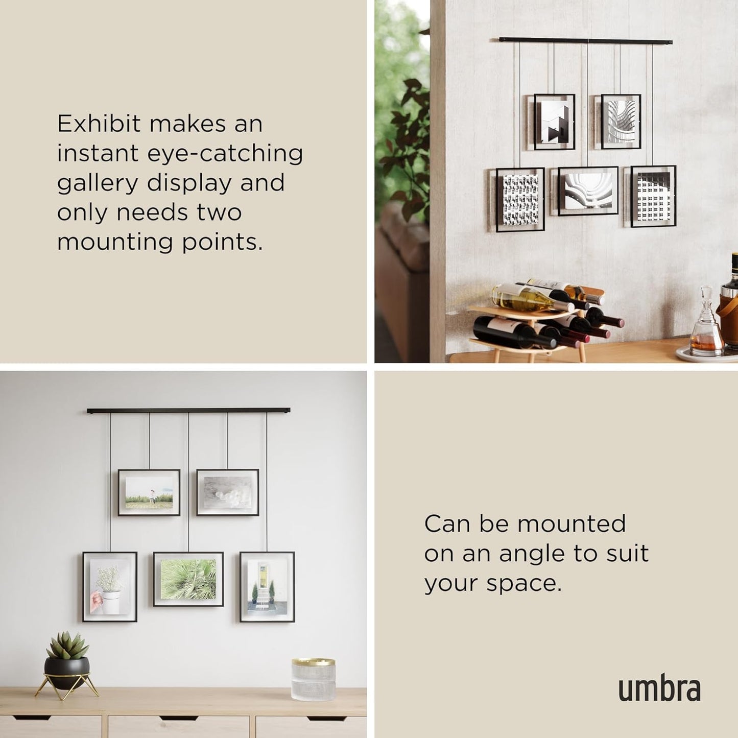 Umbra Exhibit Picture Frame Gallery Set (Holds Two 4 x 6 inch and Three 5x7 inch Images), 11x14 (Floats 8-1/2x11), Black