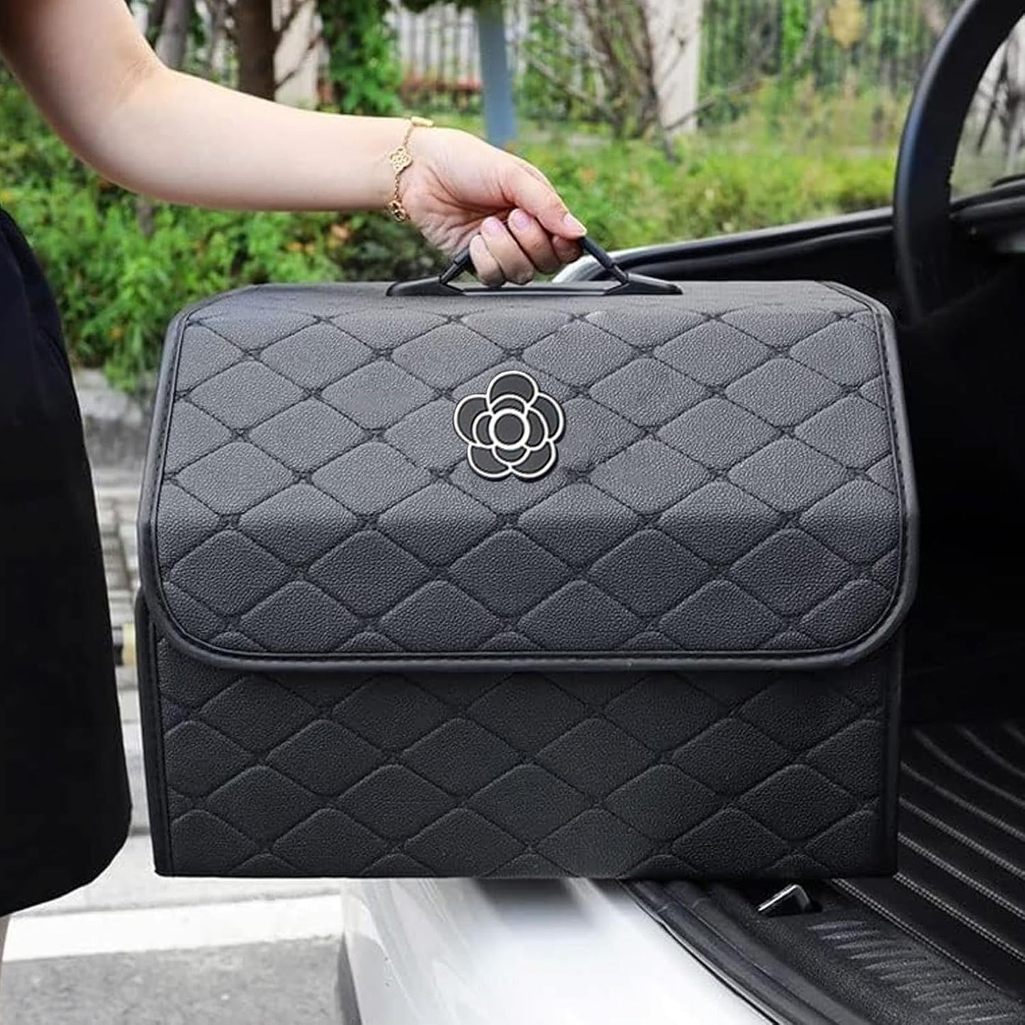 Trunk Organizer for SUV & Sedan, Car Organizers and Storage with Lid Black, Leather Storage Box with Lid, Multi-functional Collapsible Cargo Bins(Large)