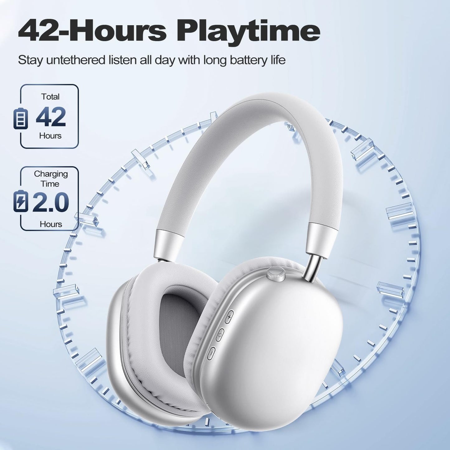 ZTOZ Wireless Headphones Over-Ear Bluetooth Adjustable 42 Hours of Listening Time Volume Control, Fitting in Gaming/Running/Sports Headphones for iPhone/Android/Samsung - Silver