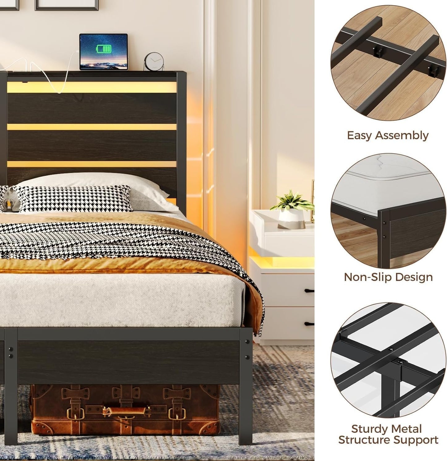 Rolanstar Bed Frame Twin Size with USB Charging Station, LED Bed Frame with Wood Storage Headboard, Black Single Metal Platform Bed with Under Bed Storage, No Box Spring Needed, Noise Free