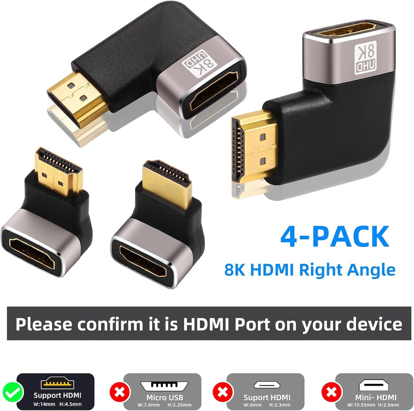 AIMHDUTY 8K HDMI Eblow 4-Pack HDMI Right Angle Adapter 90 and 270 Degree Gold Plated, Support 8K@60Hz,4K@120Hz,HDR,eARC for PC Laptop HDTV Switch