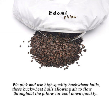 Buckwheat U Shaped Pillow - Edomi Cool Travel Neck Pillow Neck Support Head Pillow Sleep Pillow for Neck Pain Relief Side Sleepers Natural Buckwheat Hulls Concealed Zipper (Macaron Light Tan)