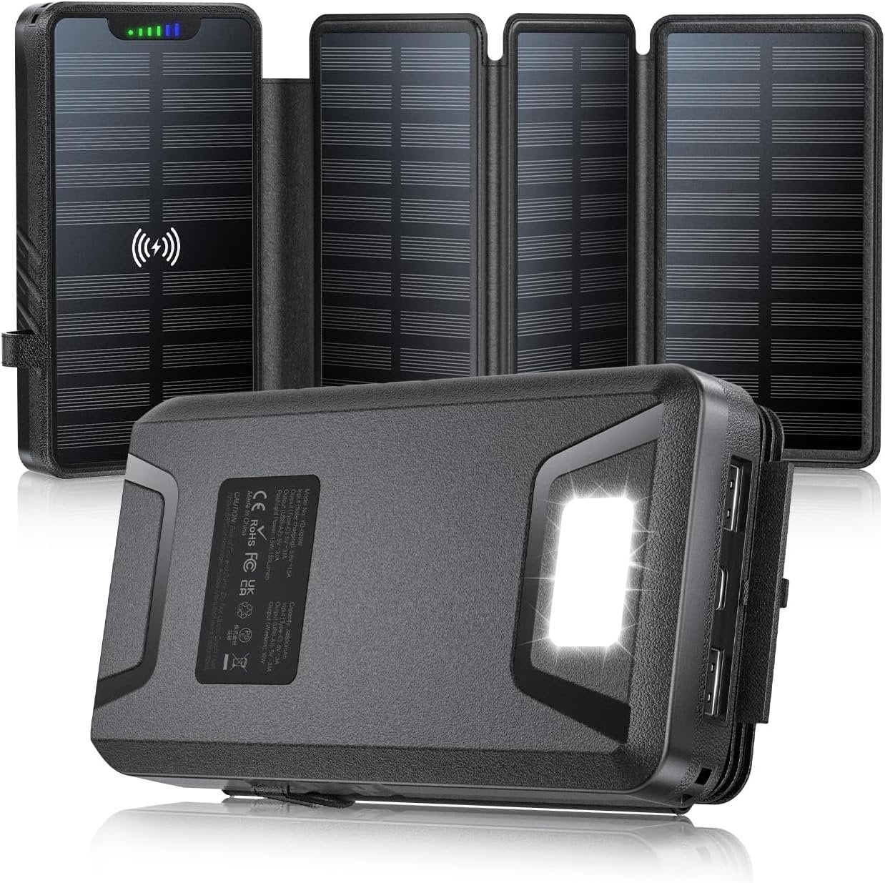 Solar-Charger-Power-Bank - 38800mAh with Dual 5V3.1A Outputs 10W Qi Wireless Charger Waterproof Built-in 4 Solar Panel and Bright Flashlights