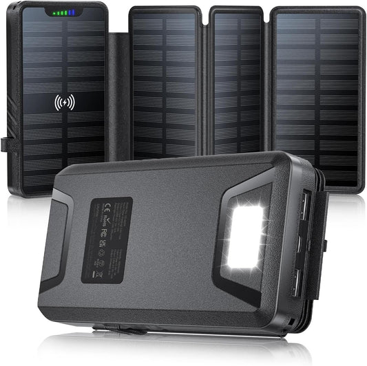 Solar-Charger-Power-Bank - 38800mAh with Dual 5V3.1A Outputs 10W Qi Wireless Charger Waterproof Built-in 4 Solar Panel and Bright Flashlights