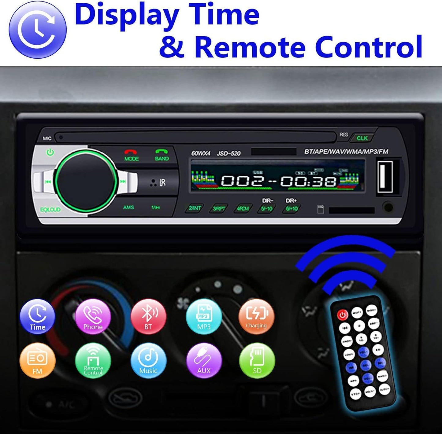 1 DIN Car Stereo Bluetooth Car Stereo, Single Din MP3 Player FM Radio Hands-Free Bluetooth 1 DIN Universal Support EQ/USB/TF/SD/AUX Audio Receiver + Remote Control
