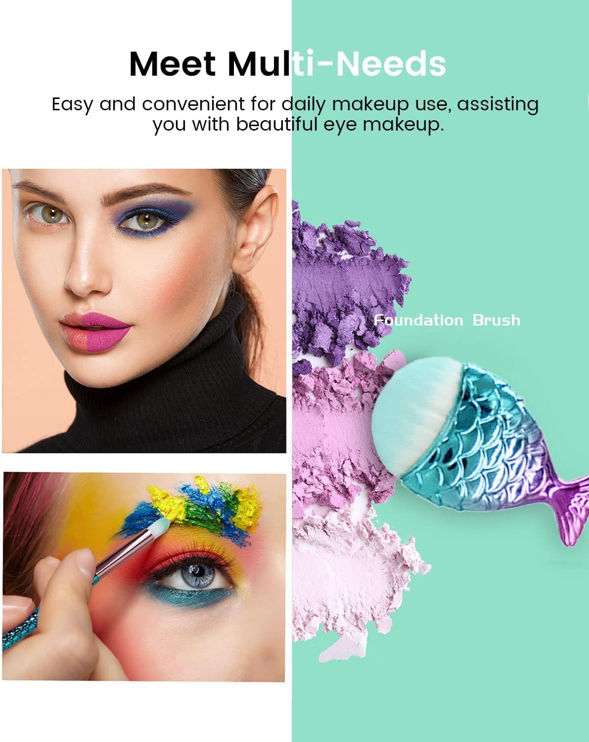 Mermaid Makeup Brushes Set, NIZIYI 11PCS Make Up Foundation Powder Cream Eyebrow EyeShadow Eyeliner Lip Blush Concealer Kabuki Beauty Brushes with Bag for Girls Toys Christmas & Birthday