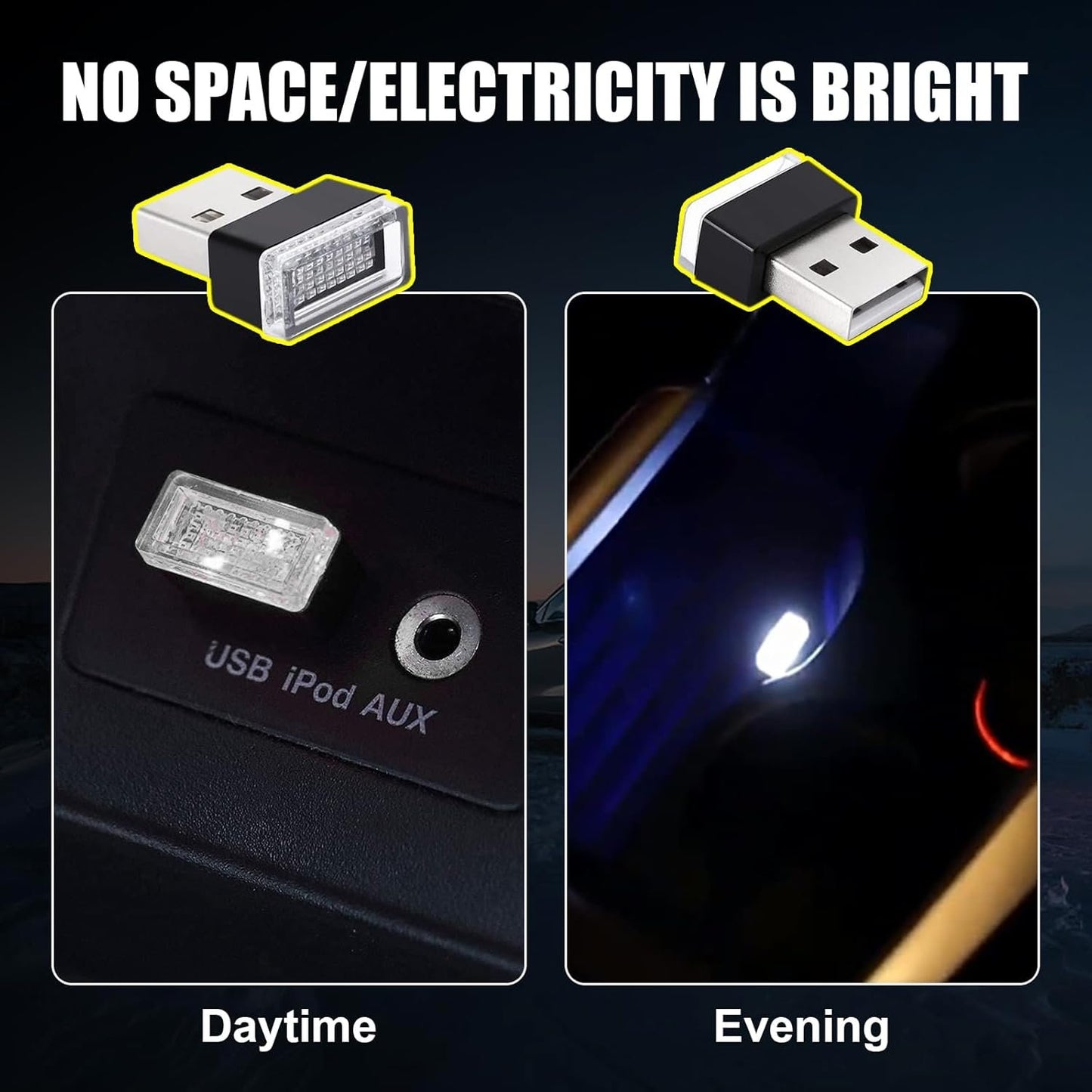 Ziciner 4 PCS USB LED Car Interior Atmosphere Lamp, Portable Mini LED Night Light, Plug-in USB Interface Trunk Ambient Lighting Kit, Car Accessories (White, Blue, Red, Ice Blue)