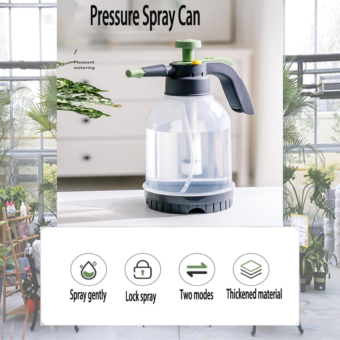 2L Plant Watering Can Plant Pressure Bottle Sprayer, Hand-Held Misting Spray Bottle with Adjustable Nozzle (Green+Grey)