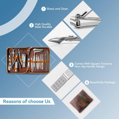 YESDEX Manicure Set Professional – 26 in 1 Nail Clippers Kit Stainless Steel, Nail Cutter Tool for Finger and Toe Nail with Luxurious Travel Leather Case, Gifts for Men Dad Him Husband Parent