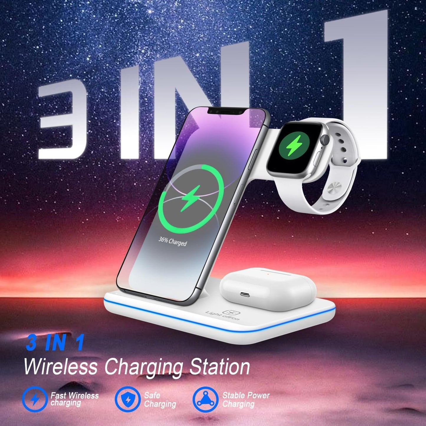 Trusted Quality, 3-in-1 Wireless Charging Station | 15W Fast Wireless Charger for Apple Devices | Compatible with iPhone 16/15/14, AirPods & Apple Watch | Stand for Multiple Devices.