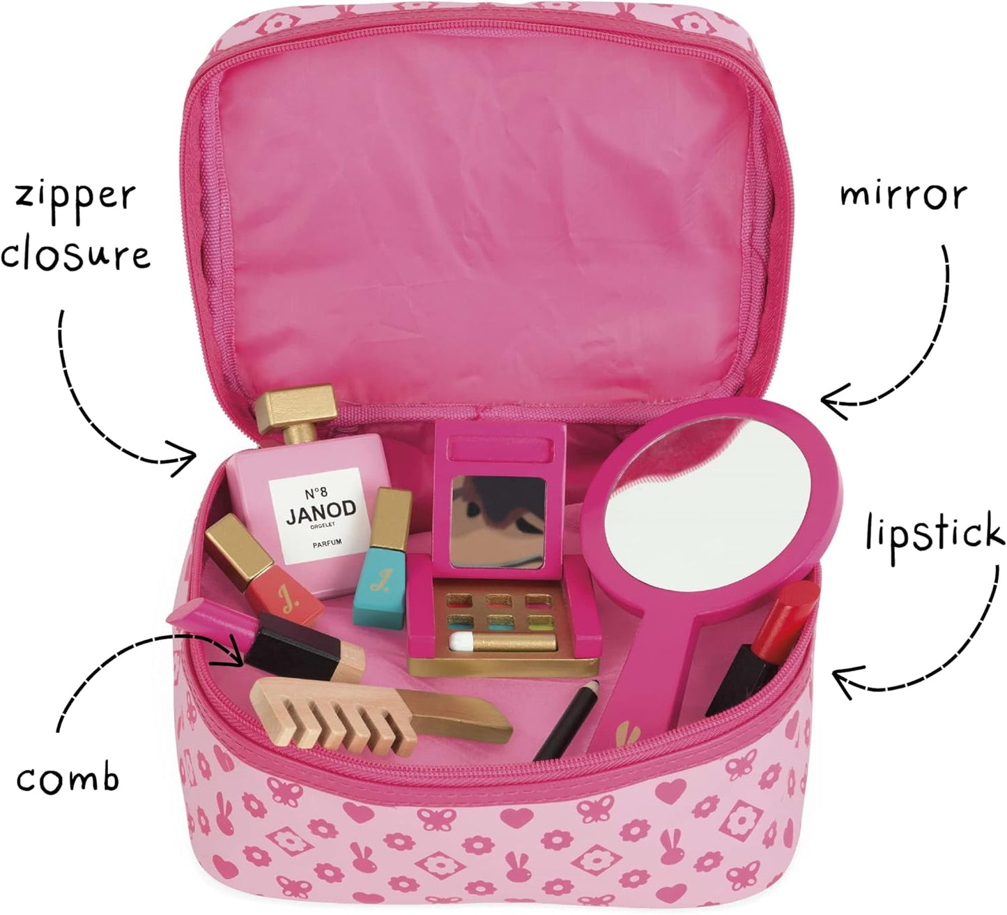 Janod - P'tite Miss Vanity Case for Children - 9 Solid Wood Accessories Included - Pretend Play Toy Beauty and Cosmetic, J06514, Pink