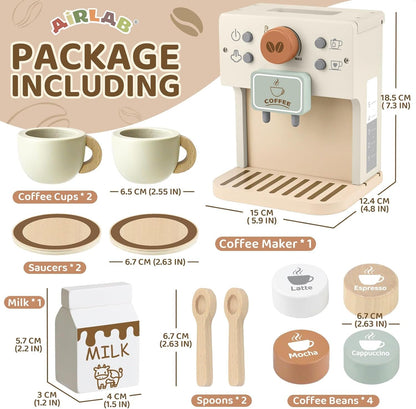 Airlab Toy Coffee Maker for Kids Wooden Kitchen Accessories Pretend Play Toddler Coffee Playset for Girls Boys Ages 3 4 5 Years Birthday Gifts