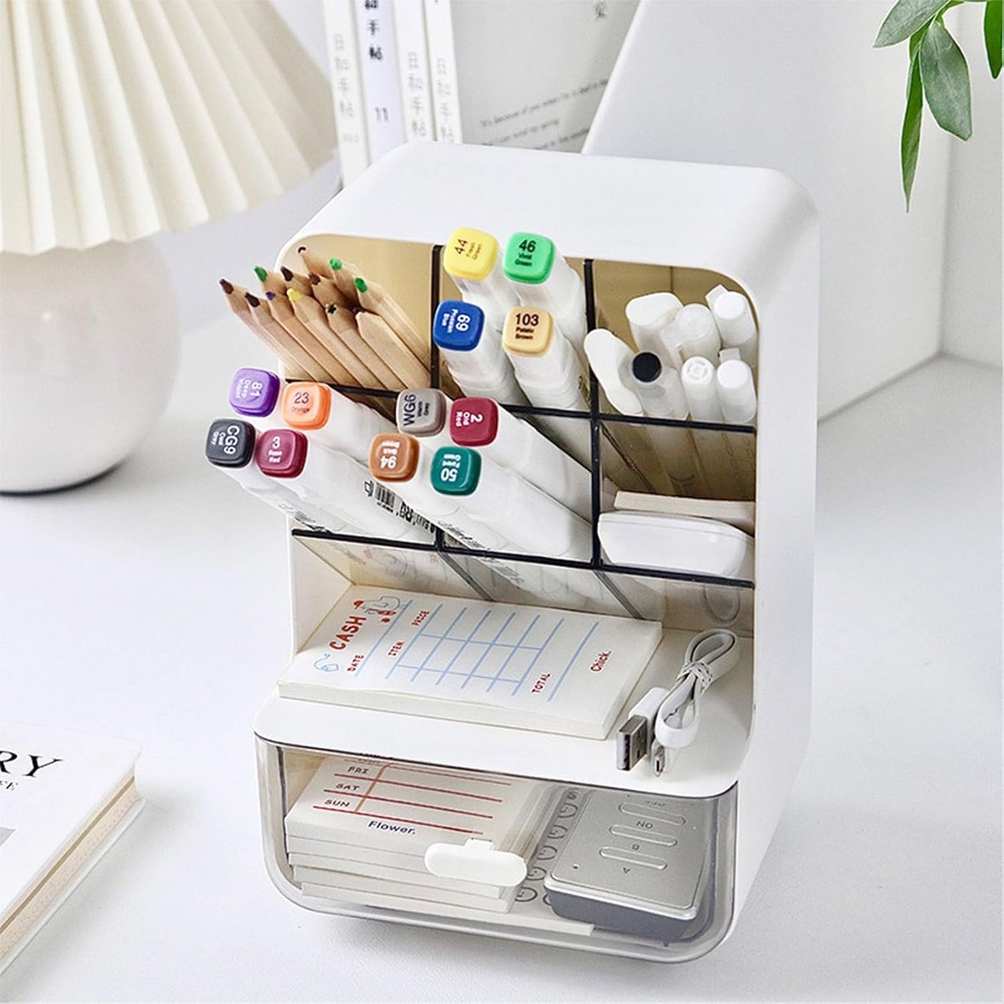 Pen Organizer for Desk, Desk Organizer with Drawer, Multi-Functional Pencil Holder with 6 Compartments and 1 Drawer Organization Storage Accessories for Office Home School Workspace (Yellow)