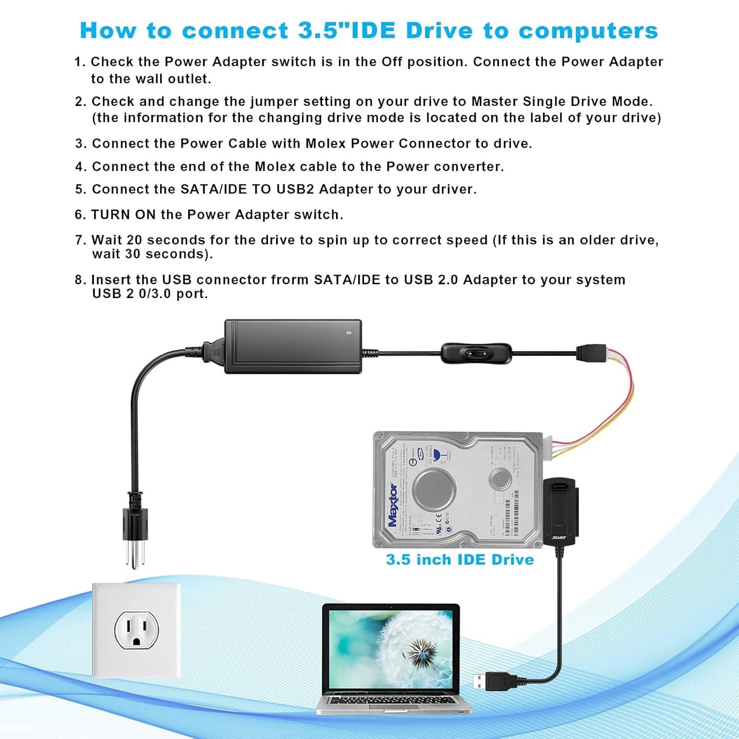 AGPtek SATA/PATA/IDE Drive to USB 2.0 Adapter Converter Cable for Hard Drive Disk HDD 2.5" 3.5", Compatible with USB 1.1/2.0/3.0, with External AC Power Adapter Included