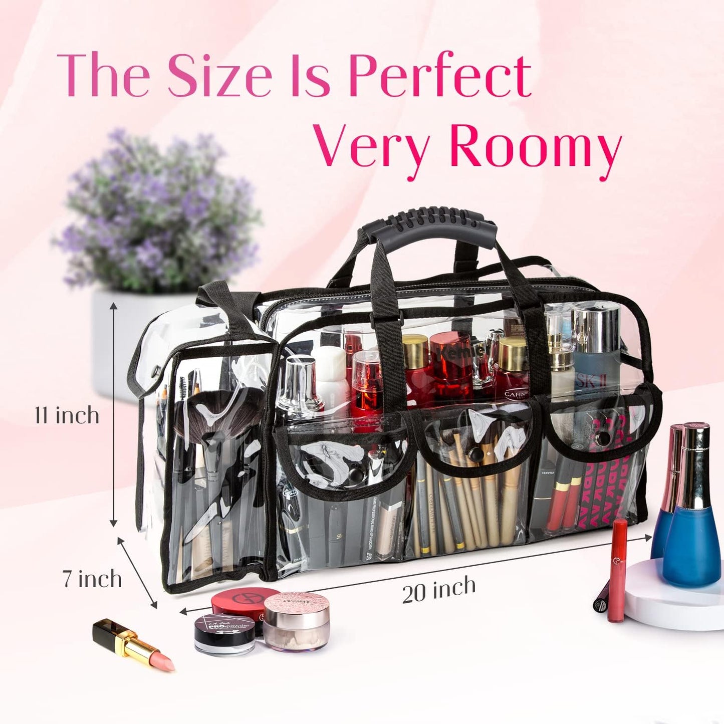 Kemier Transparent Travel Beauty Case with 6 External Pockets Large Cosmetic Organizer with Shoulder Strap