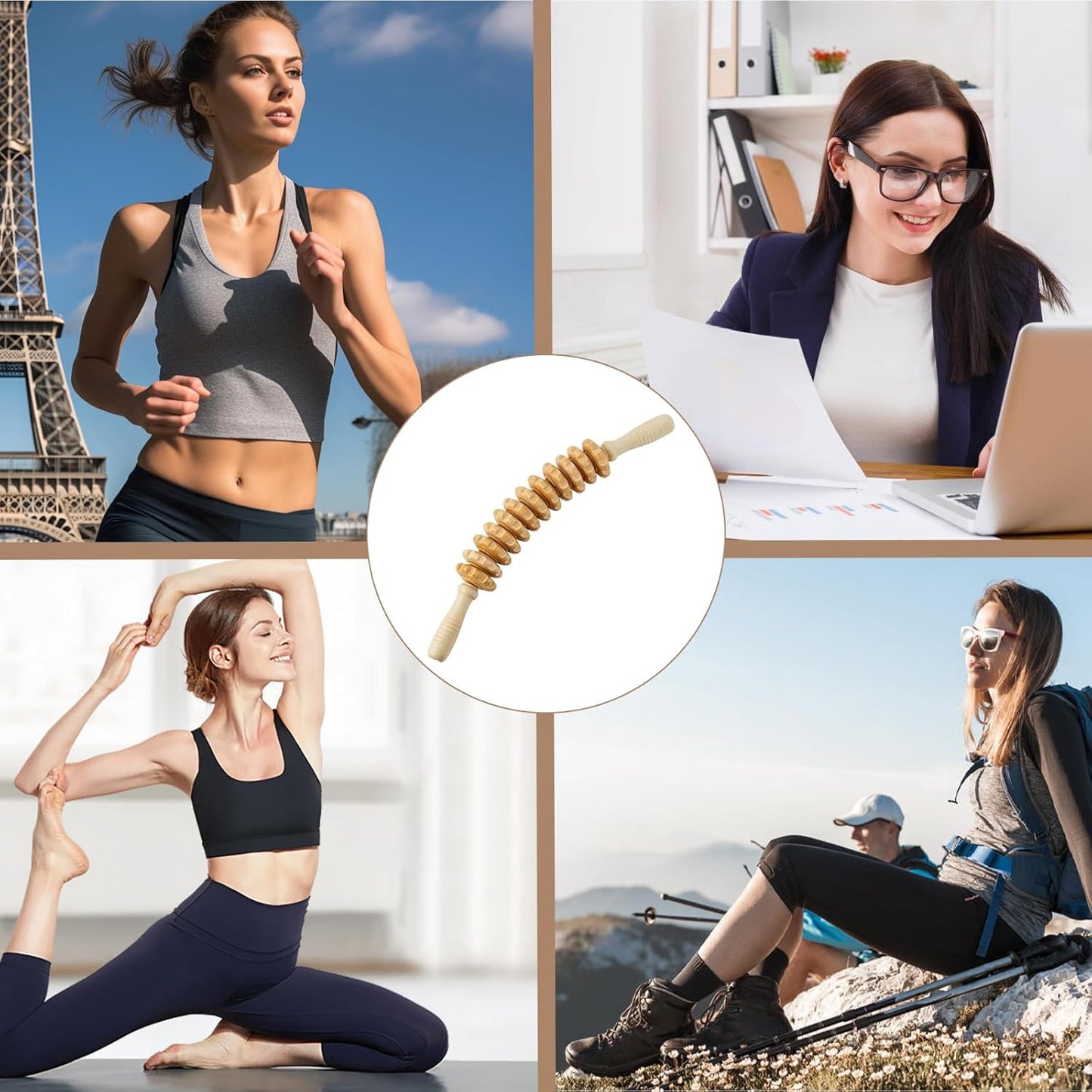 Wooden Muscle Massage Roller with Handle, Curved Roller Massager for the Whole Body, Promotes Circulation, Massager Legs, Back, Pain Relief and Body Relaxation