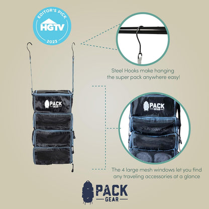 Pack Gear Suitcase Organizer | Pack More in your Large or Carry On Luggage | Unpack Instantly with these Compression Packing Cubes for Suitcases | Hanging Shelf Organizer for Closet (Black)
