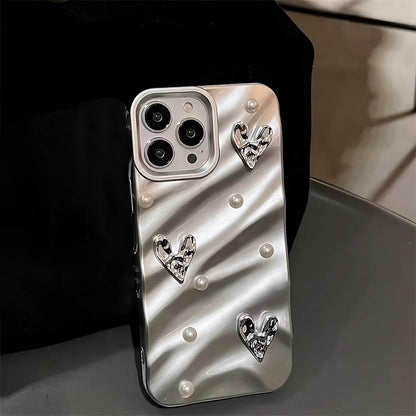 TECH Work Designed for iPhone 15 Pro Max Case, Silver Diamond Heart Fancy Luxury Designer Case for Women Girls, Shockproof Body Cover