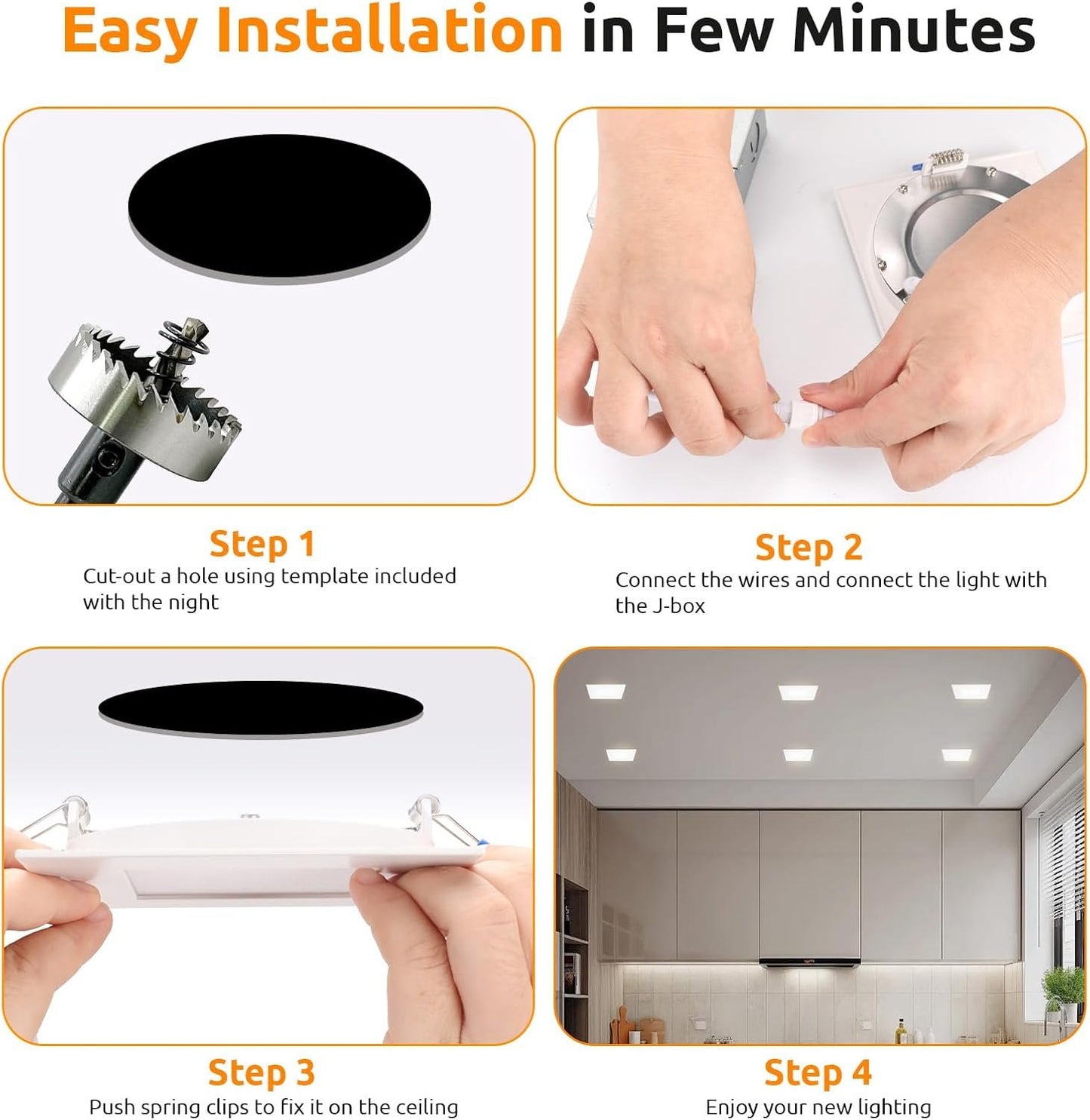 HONZIN 6 Pack 6 Inch Square LED Pot Lights, 5CCT Selectable 2700K–5000K, Dimmable Recessed Ceiling Light with Junction Box, 13W Ultra-Thin IC Rated, White Trim