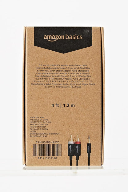 Amazon Basics 3.5mm Stereo Aux to 2 x RCA Audio Cable Adapters, 4 Feet/1.2 m, for Connecting Amplifiers, Speakers, with Gold-Plated Plugs, Black