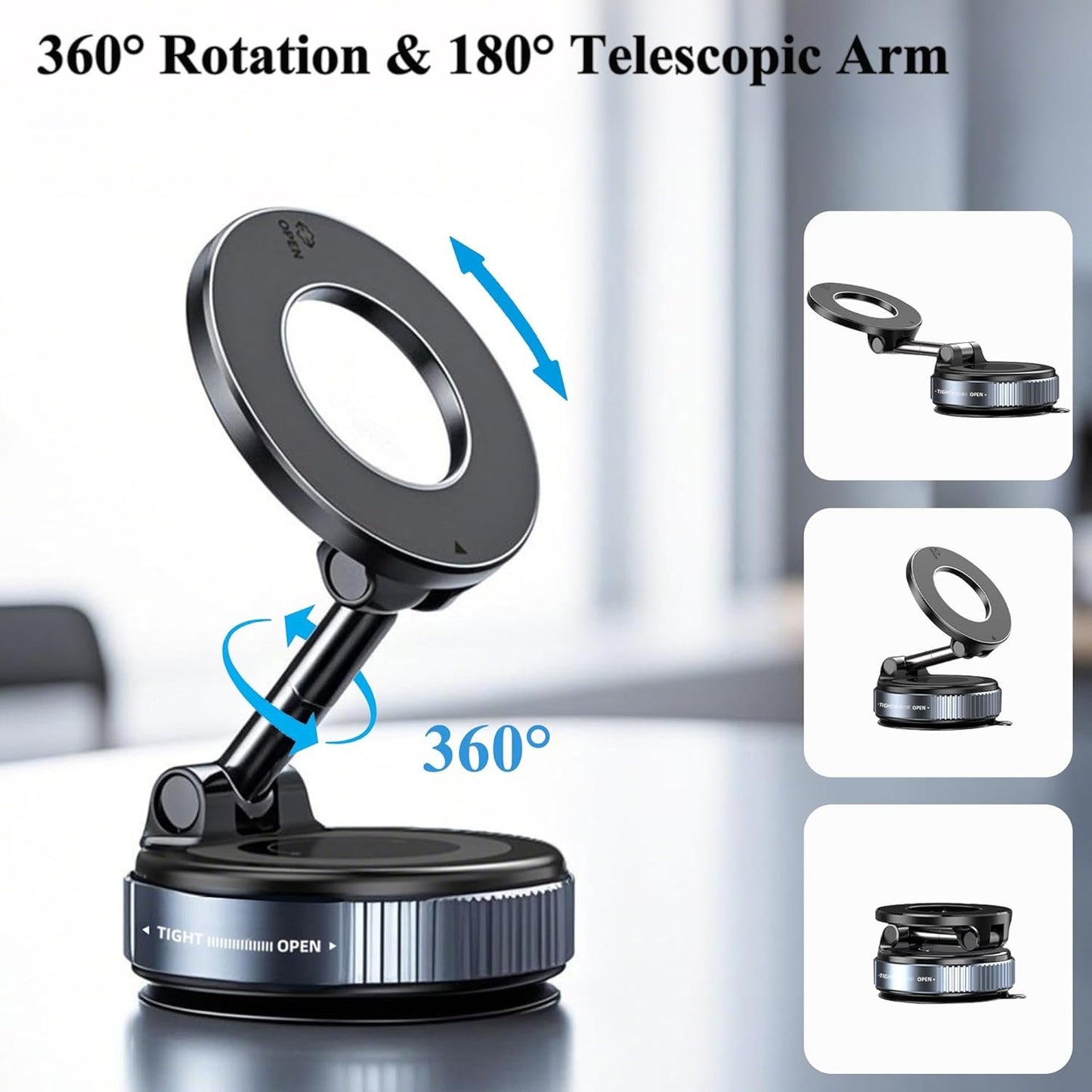 Upgraded Vacuum Suction Magnetic Car Phone Holder, 360° Adjustable Suction Cup Phone Mount, Foldable Portable Cell Phone Holders for Car/Mirrors/Smooth Surface