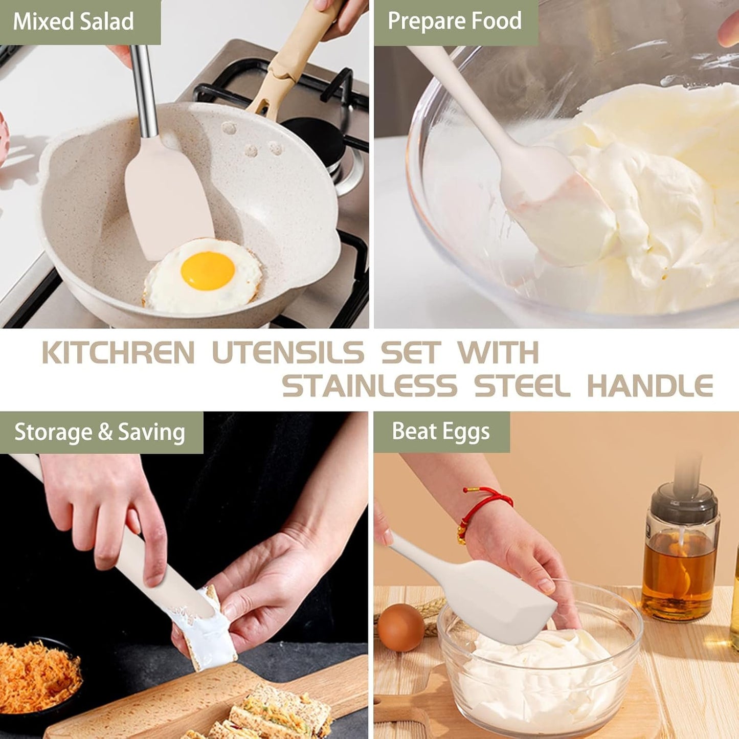 Umite Chef - 15 Pcs Kitchen Utensils Set Heat Resistant Non-Stick Silicone BPA Free Stainless Steel Handle Spatula Spoon Whisk
