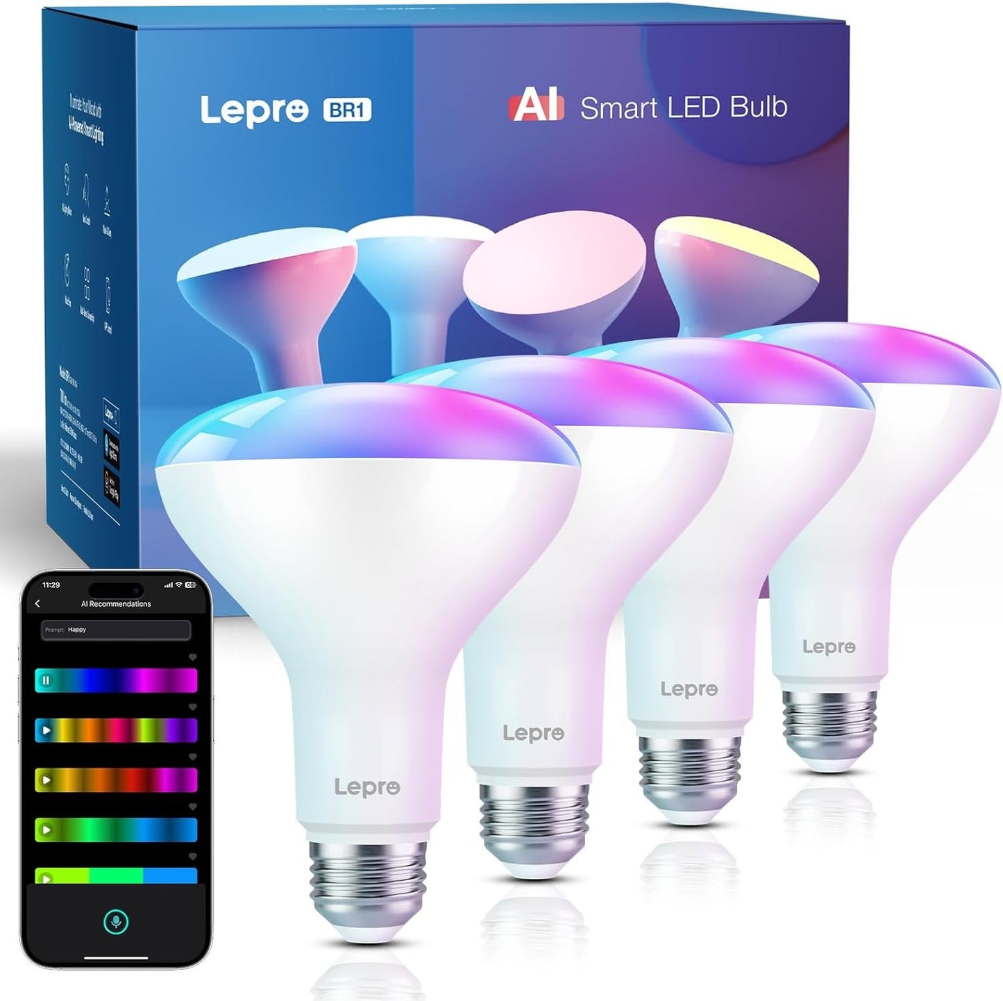 Lepro BR1 AI Smart Light Bulbs, Dimmable BR30 Bulbs, Work with Alexa & Google Home, Music Sync, RGBWW Colour Changing Light Bulb, Flood Light Bulbs, WiFi & Bluetooth Via Lepro App, LLM, E26, 4 Pack
