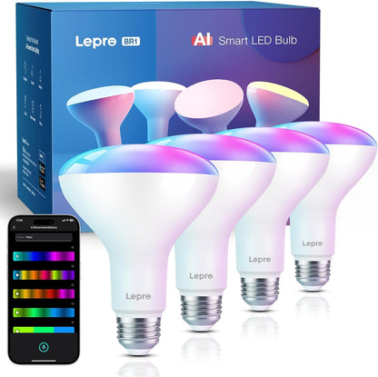 Lepro BR1 AI Smart Light Bulbs, Dimmable BR30 Bulbs, Work with Alexa & Google Home, Music Sync, RGBWW Colour Changing Light Bulb, Flood Light Bulbs, WiFi & Bluetooth Via Lepro App, LLM, E26, 4 Pack