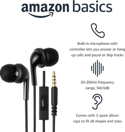 Amazon Basics 3.5mm Jack Wired Earbuds with Microphone, In Ear Headphones, 4.2 ft long cable, S/M/L Ear Tips, Black