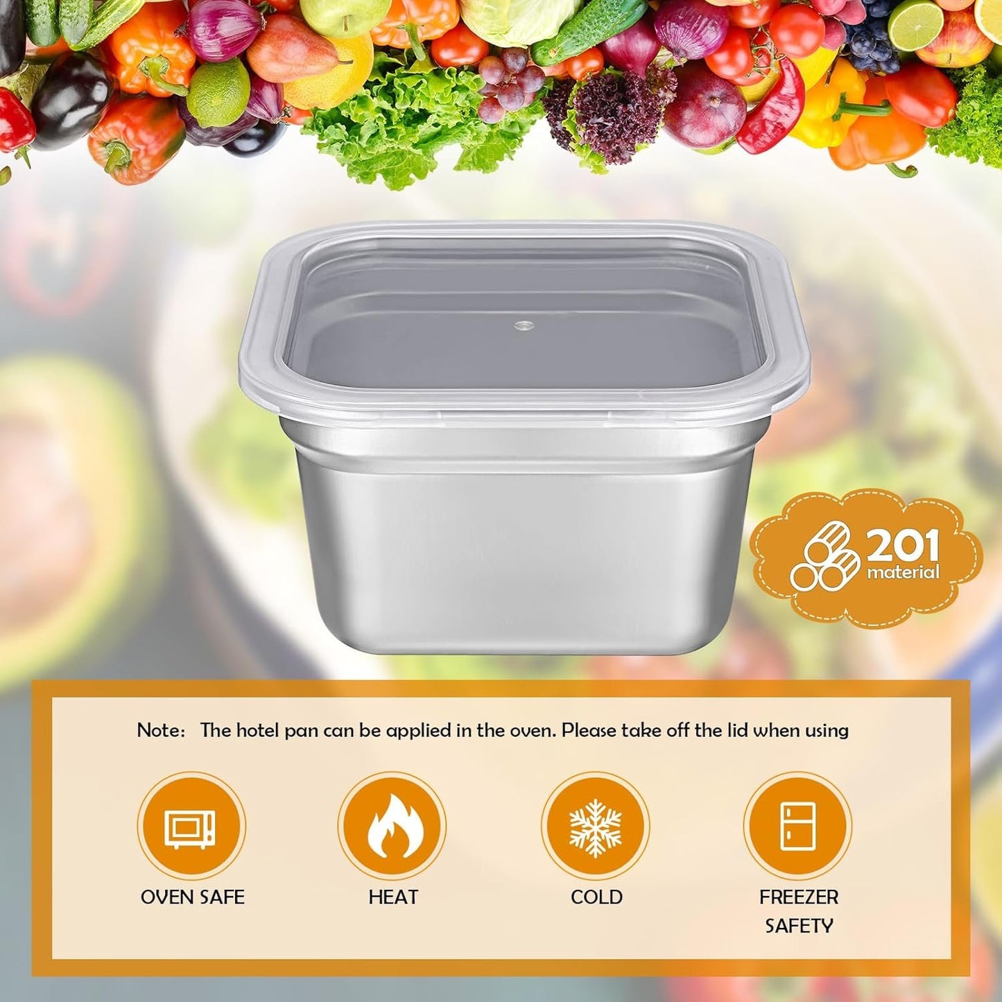 8 Pcs 1/6 Size Hotel Steam Table Pans with Lids, Stainless Steel Food Containers and PP Plastic Covers, Anti-clogging Steamer Pans for Buffet, Catering, Restaurant, and Food Prep(4" Deep)