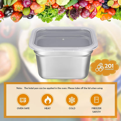 8 Pcs 1/6 Size Hotel Steam Table Pans with Lids, Stainless Steel Food Containers and PP Plastic Covers, Anti-clogging Steamer Pans for Buffet, Catering, Restaurant, and Food Prep(4" Deep)