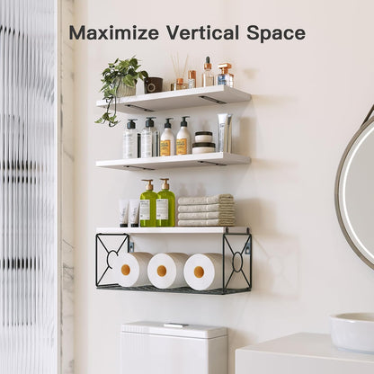 Amada Bathroom Shelves Over Toilet with Storage Basket, Floating Wall Shelves for Home Organization & Wall Decor, Bathroom/Kitchen/Living Room ShelvesWhite