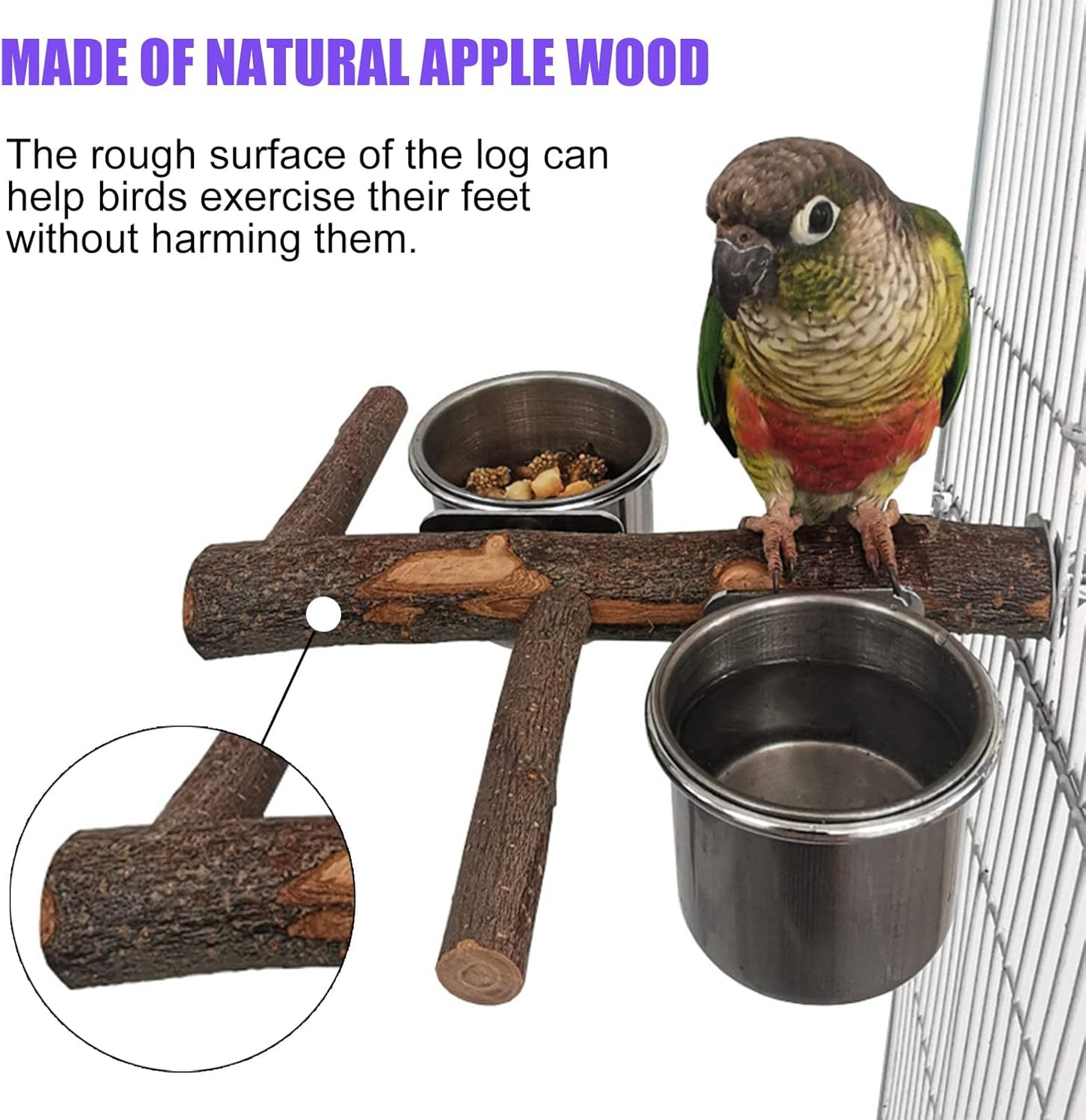 ZUOLUN Bird Feeding Dish Cups, Hanging Stainless Steel Parakeet Feeder, Feeder for Cage & Watering Supplies with Natural Wood Perch Platform Cockatiels Conure Budgies Lovebird Finch, Silver