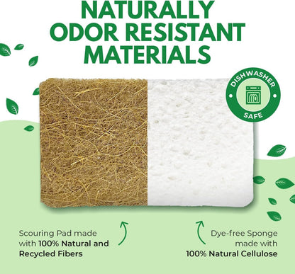 AIRNEX 6 Pack Biodegradable Natural Kitchen Sponges - Eco Friendly Cellulose and Coconut Dish Sponges - Odourless Sponges for Dishes with Dish Scrubber - Non Scratch Dual Sided Multipurpose Sponges