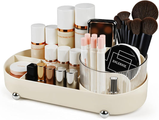 ilauke 360° Rotating Makeup Organizer with Drawers - Multifunctional Vanity Table Organizer for Bathroom and Bedroom, Generous Capacity, Bathroom Organizer (Beige)