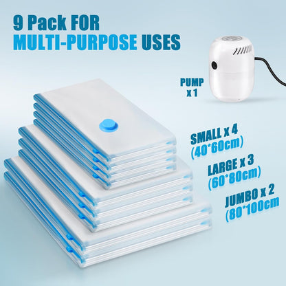 Jabykare 9 Pack Vacuum Storage Bags with Electric Air Pump - Travel Essentials Space Saver, Compression Bags, Travel accessories, Vacuum Sealer Bags for Home Storage & Organisation