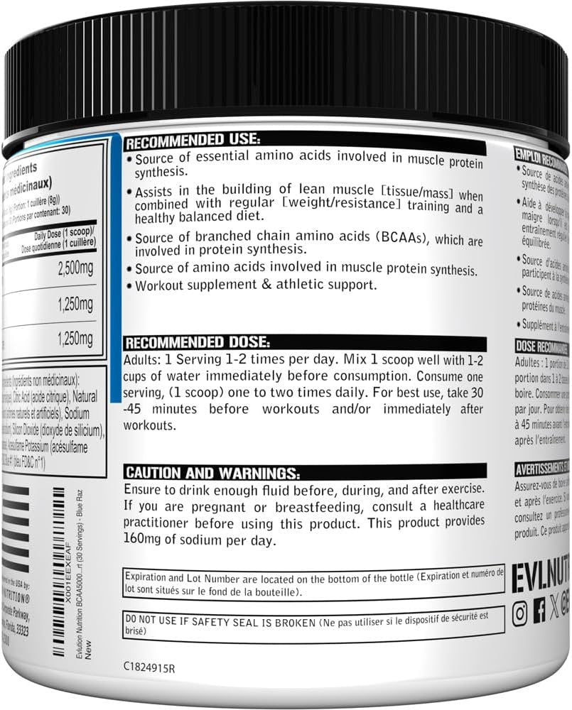 Evlution Nutrition BCAA5000 Powder - EVL BCAA Powder to Support Muscle Protein Synthesis & Building Lean Muscle - 5G BCAAs for Workout and Athletic Support - 30 Servings - Blue Raz