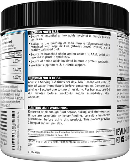 Evlution Nutrition BCAA5000 Powder - EVL BCAA Powder to Support Muscle Protein Synthesis & Building Lean Muscle - 5G BCAAs for Workout and Athletic Support - 30 Servings - Blue Raz