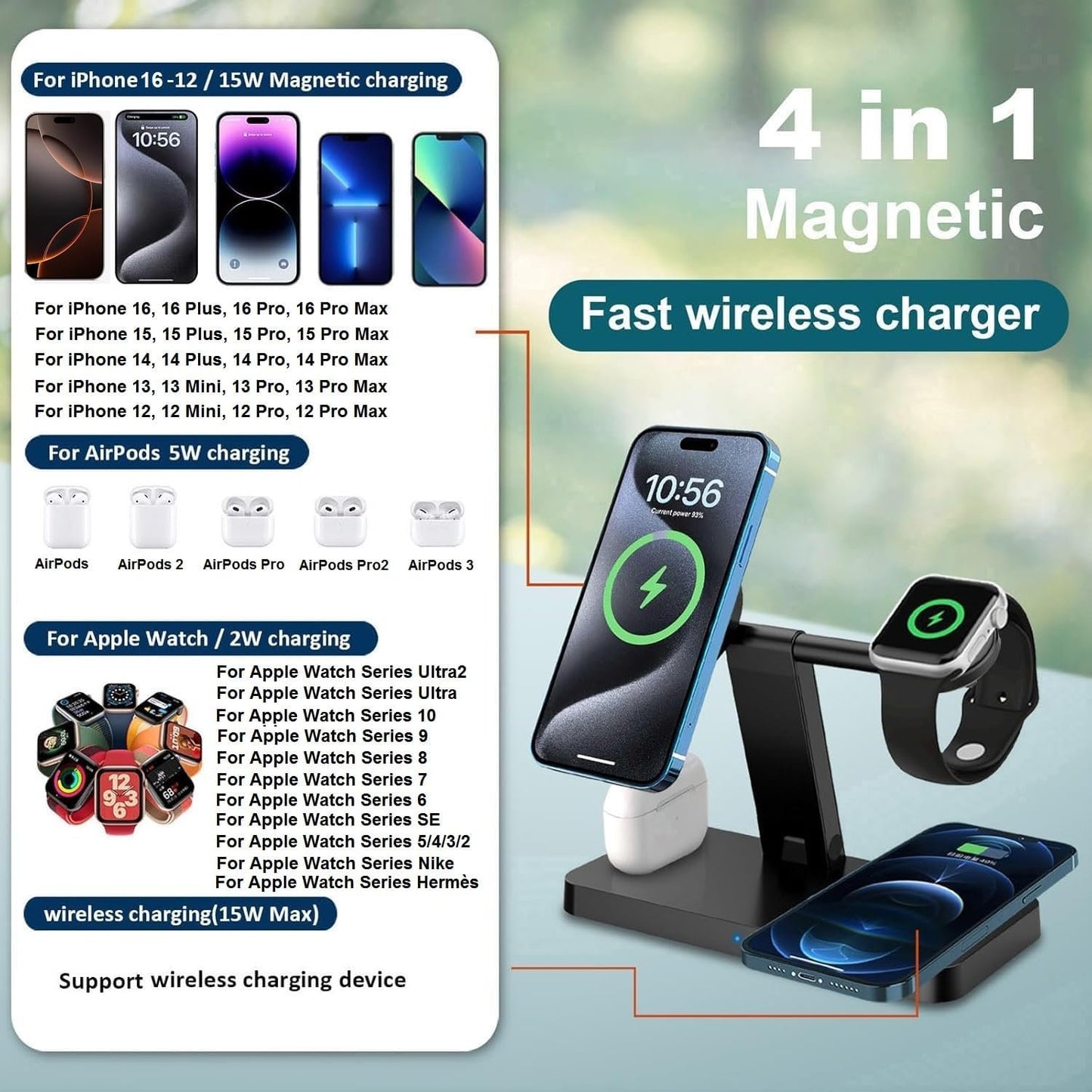 4 in 1 Wireless Charger Stand Magnetic Wireless Charging Station Compatible with Apple Watch Series 10/9/8/7/6/5/4/3/SE/Ultra, AirPods, iPhone 16/15/14/13/12/Pro/Pro Max/Mini (No AC Adapter)