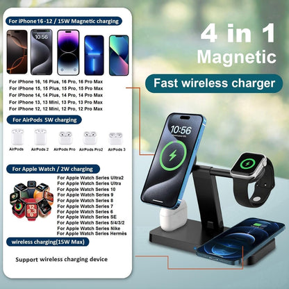 4 in 1 Wireless Charger Stand Magnetic Wireless Charging Station Compatible with Apple Watch Series 10/9/8/7/6/5/4/3/SE/Ultra, AirPods, iPhone 16/15/14/13/12/Pro/Pro Max/Mini (No AC Adapter)