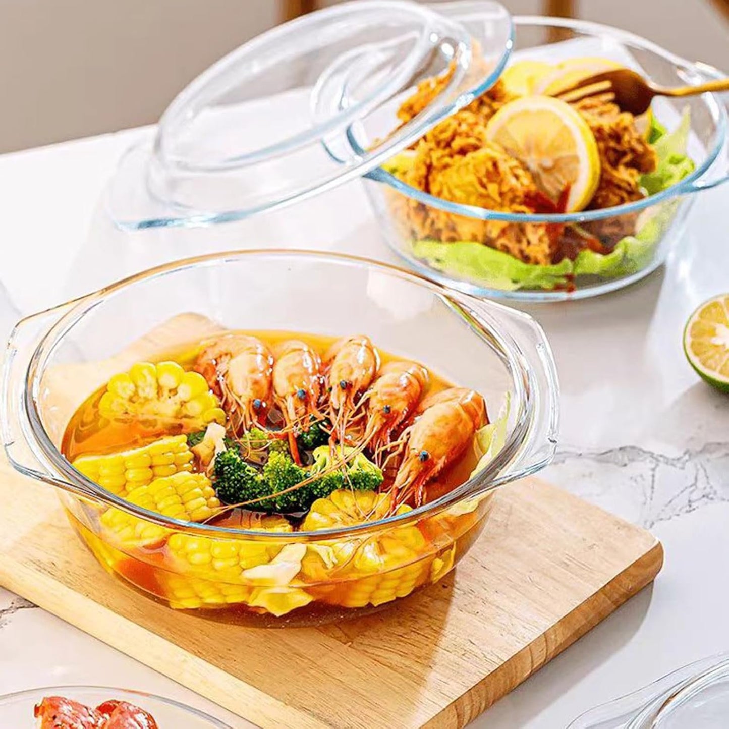 2 Set Glass Casserole Dishes with Lids, Borosilicate Cookware Bakeware Set with Handles, Oven Microwave Safe Bowls for Cooking Baking Serving 0.7L & 1.5L