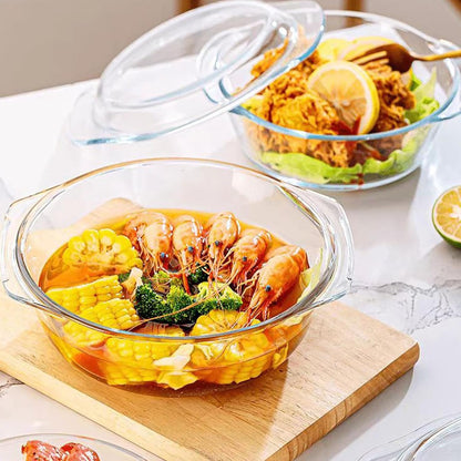 2 Set Glass Casserole Dishes with Lids, Borosilicate Cookware Bakeware Set with Handles, Oven Microwave Safe Bowls for Cooking Baking Serving 0.7L & 1.5L