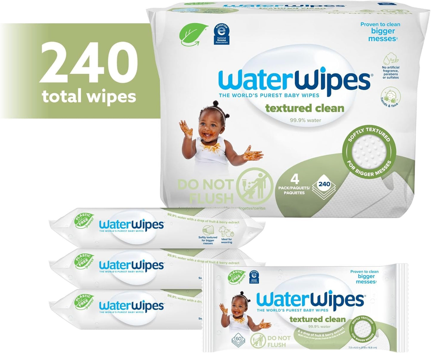 WaterWipes Plastic-Free Textured Clean, Toddler & Baby Wipes, 99.9% Water Based Wipes, Unscented & Hypoallergenic for Sensitive Skin, 240 Count (4 packs), Packaging May Vary
