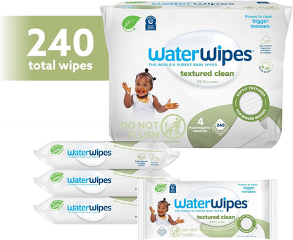 WaterWipes Plastic-Free Textured Clean, Toddler & Baby Wipes, 99.9% Water Based Wipes, Unscented & Hypoallergenic for Sensitive Skin, 240 Count (4 packs), Packaging May Vary