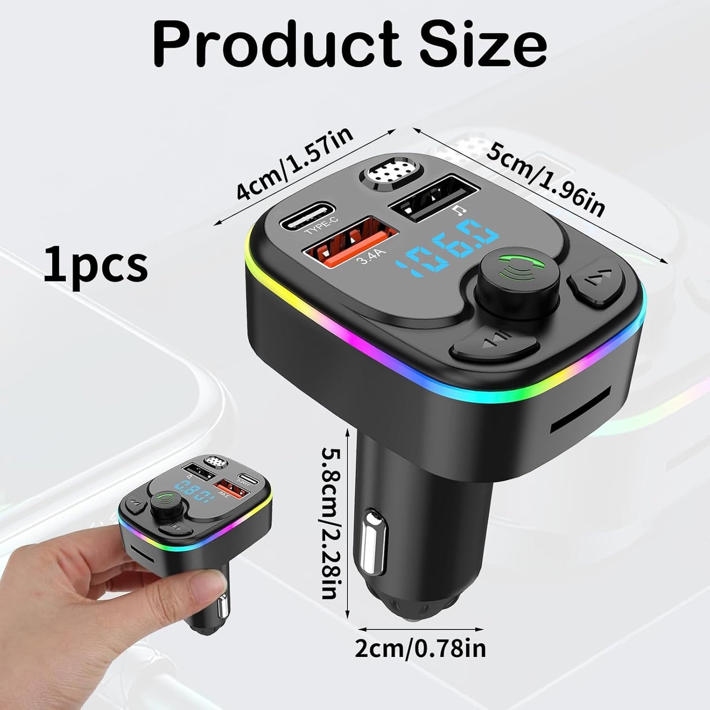 Bluetooth 5.3 FM Transmitter for Car, QC3.0 & PD 20W Bluetooth Car Aux with 2 USB and 1 Type-C Ports, Handsfree Calling Adapters