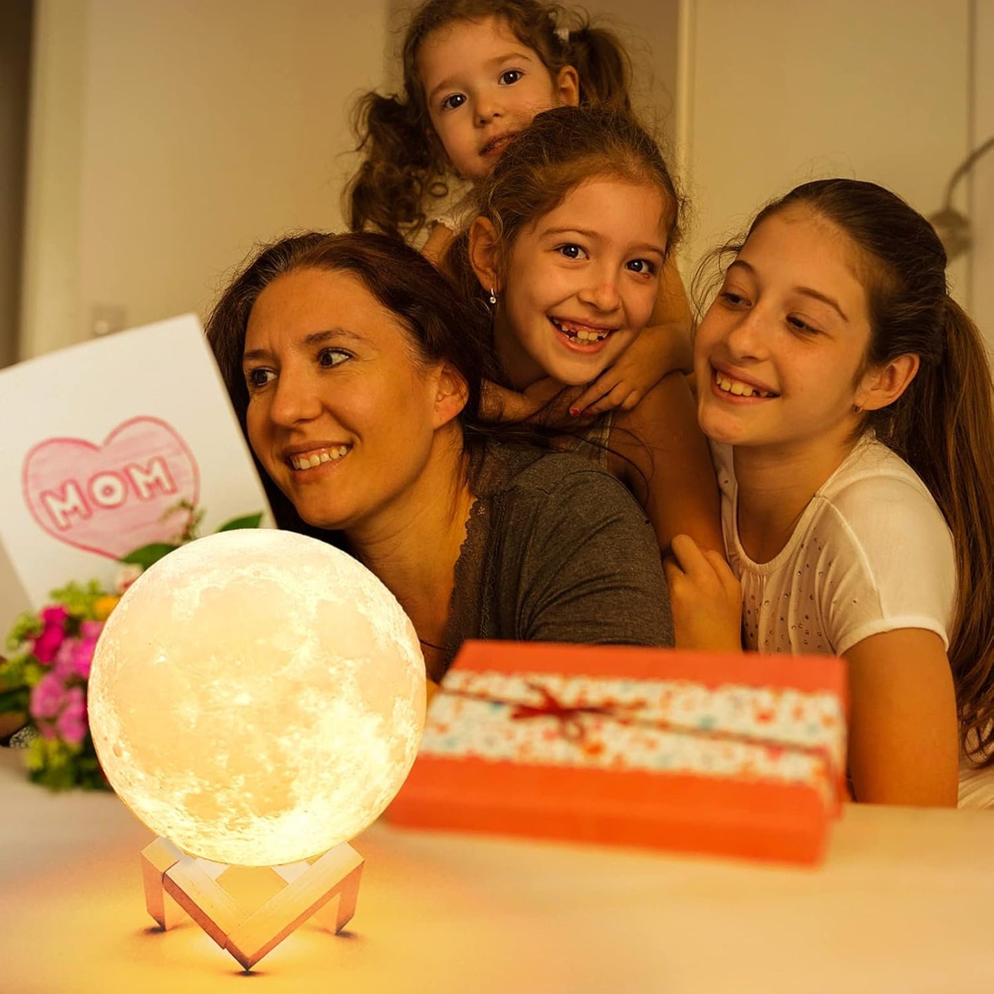 Mydethun Moon Lamp - Mothers Day Home Décor, Night Light, Moon Light with Brightness Control, LED Night Light, Bedroom, Women Kids Birthday Gift, Wooden Base, 5.9", White & Yellow