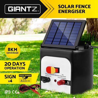 GIANTZ Fence Energiser 8Km Solar Energizer Charger, Fencing Equipment Farm Barrier Animals, 0.3J
