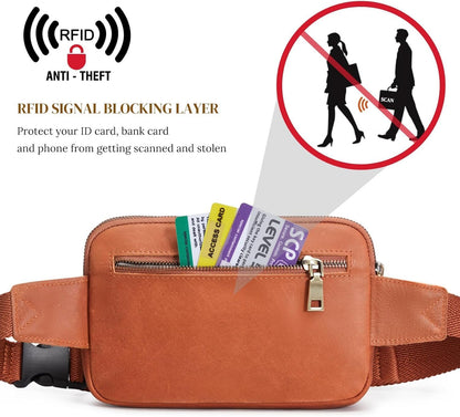 S-ZONE Fanny Packs for Women Genuine Leather RFID Blocking Waist Packs Belt Bags Fashionable Bum Bag Crossbody Purses Travel Outdoors Men