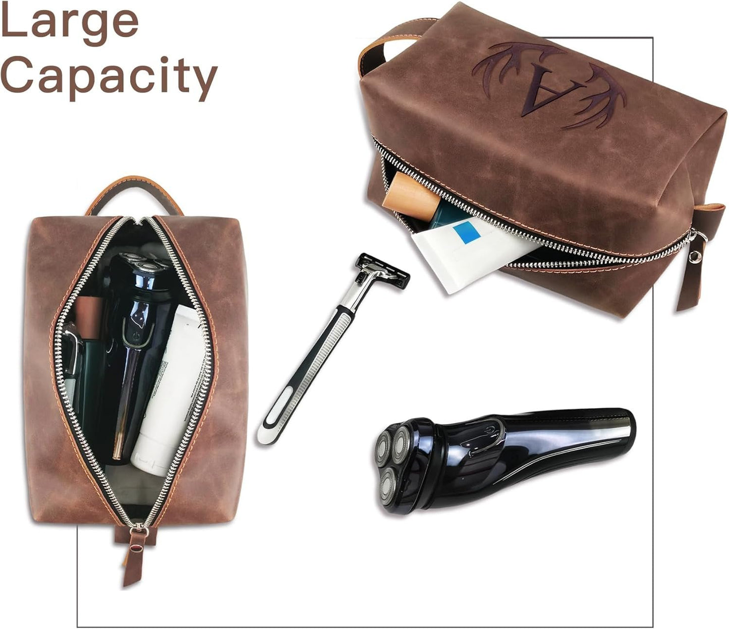 Aganmi Personalized Travel Toiletry Bag for Men Initial Letter PU Leather Waterproof Shaving Bag for Toiletries Accessories Travel Essentials Storage Bags Fathers Day Birthday Gifts for Men, Dark