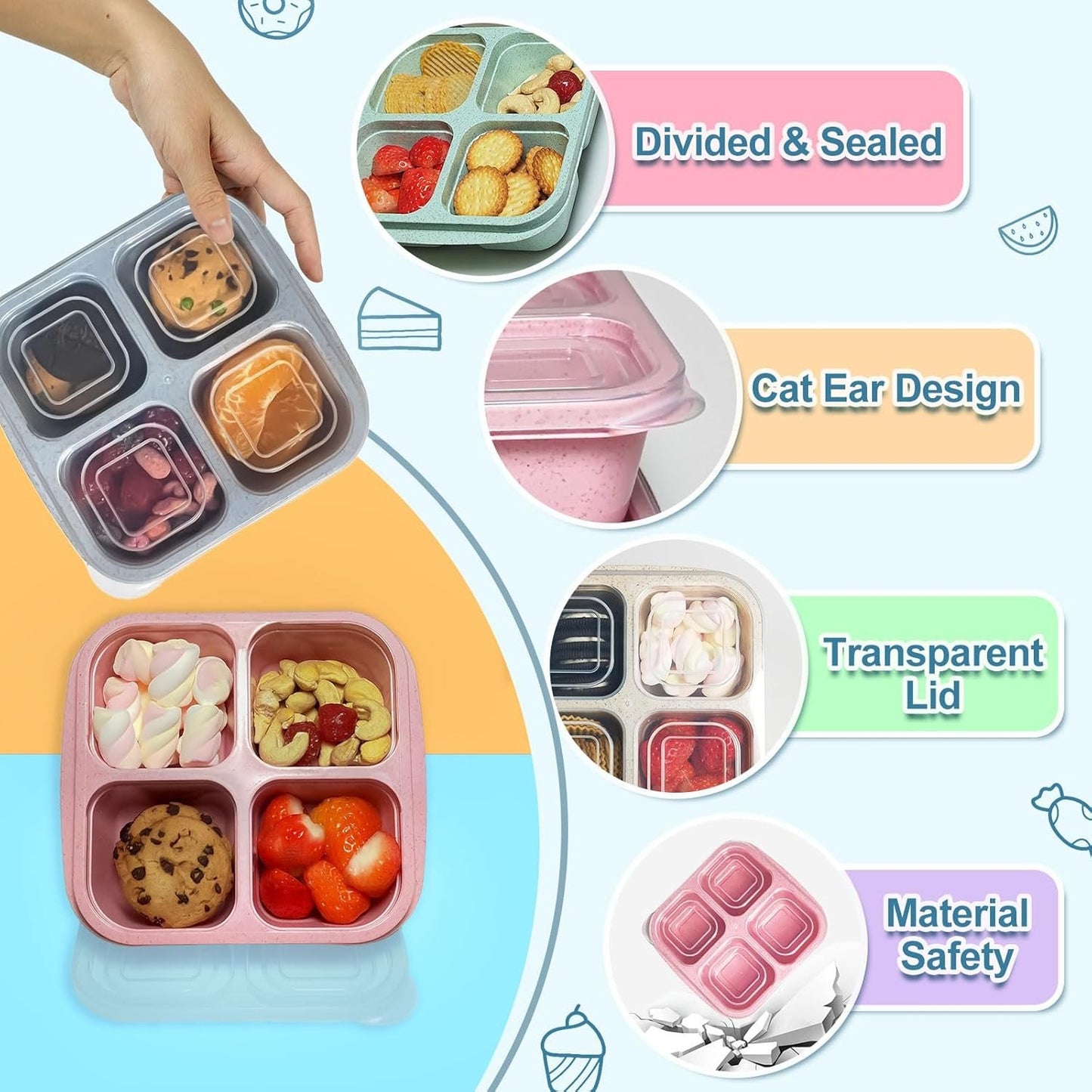 ozazuco 4 Pack Snack Containers, Divided Bento Snack Box, 4 Compartments Reusable Meal Prep Lunch Containers for Kids Adults, Food Storage Containers for School Work Travel